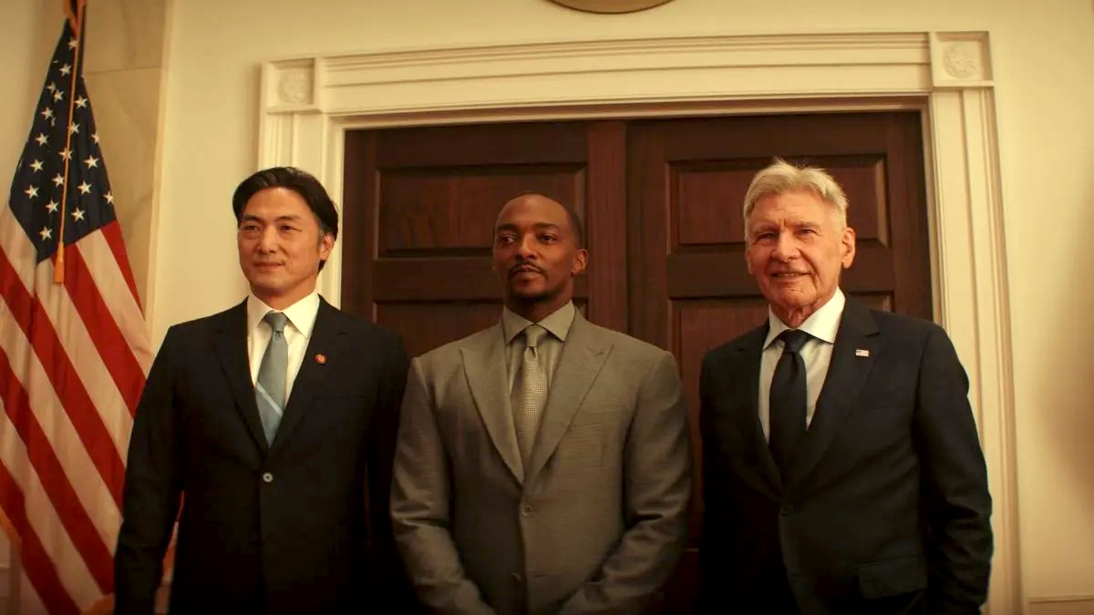 Sam Wilson (Anthony Mackie) and Thaddeus Ross (Harrison Ford) stand next to a politician in the new trailer for 'Captain America: Brave New World'
