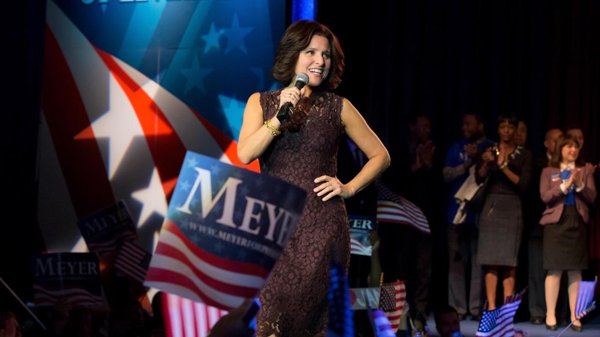 Selina Meyer on stage on election night