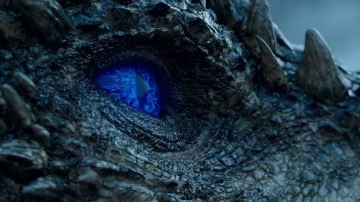 A close-up of the blue eye of Viserion the dragon in Game of Thrones