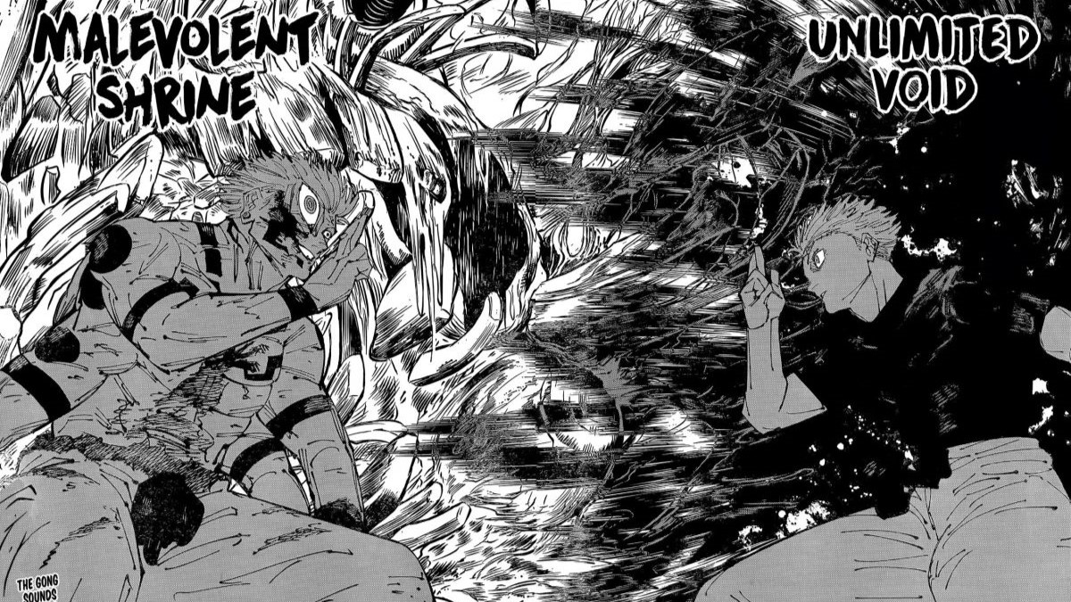 Yuta in Gojo Satoru's body fighting Sukuna in a domain expansion battle from Jujutsu Kaisen