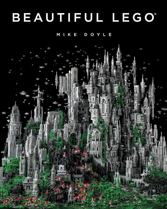 The cover of Beautiful Lego; a black book with a beautiful fantasy city of spires made out of lego.