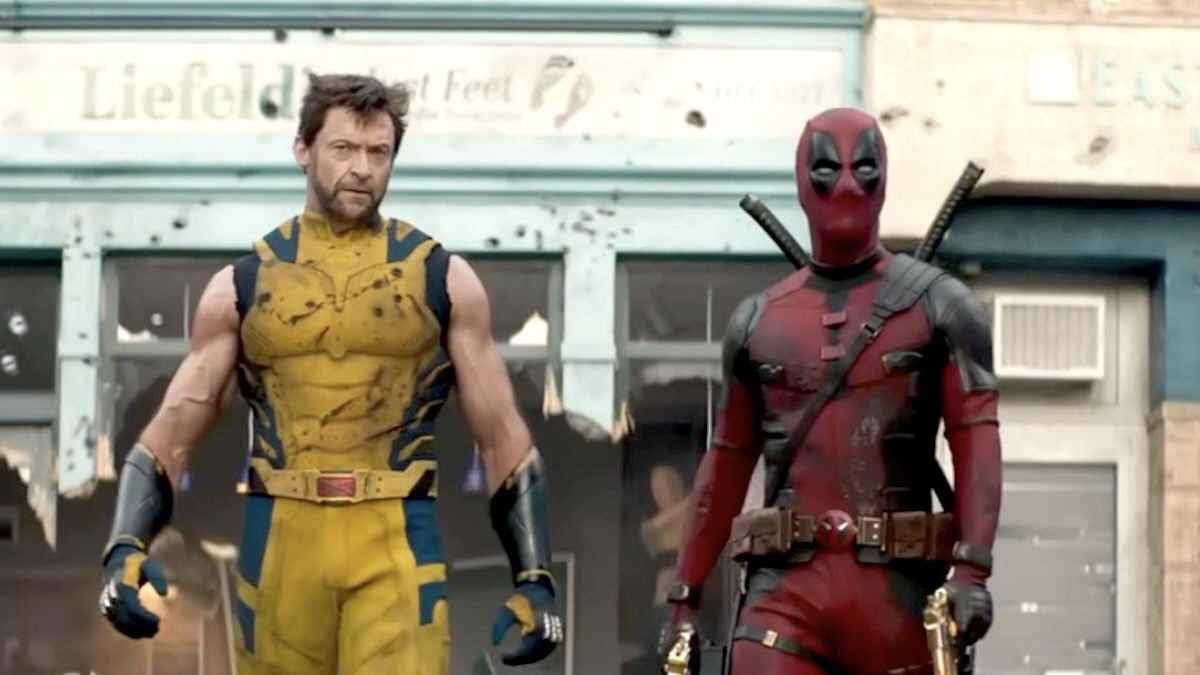 Deadpool and Wolverine standing side by side in their movie.