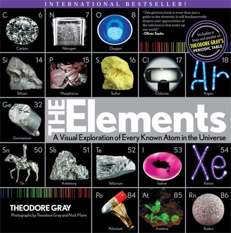 Cover of Elements: A Visual Exploration of Every Known Atom in the Universe. A black book with the title in the middle in white on grey. A grid with pictures of different items derived from elements.