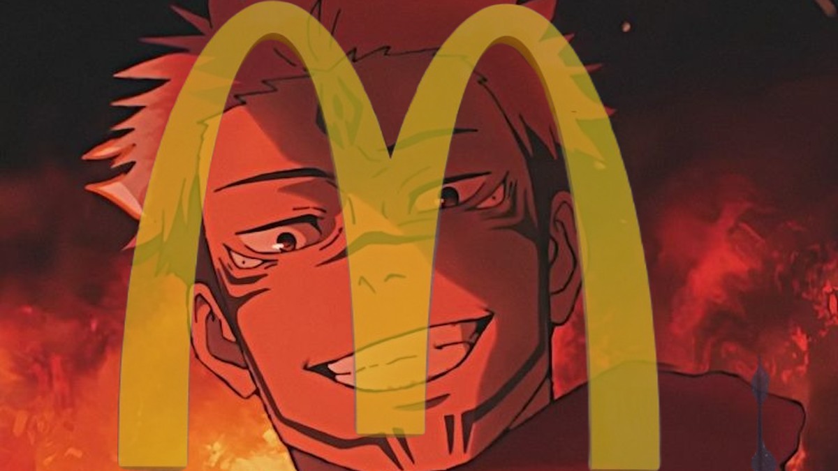 Sakuna glowing red with McDonalds arches overlaid