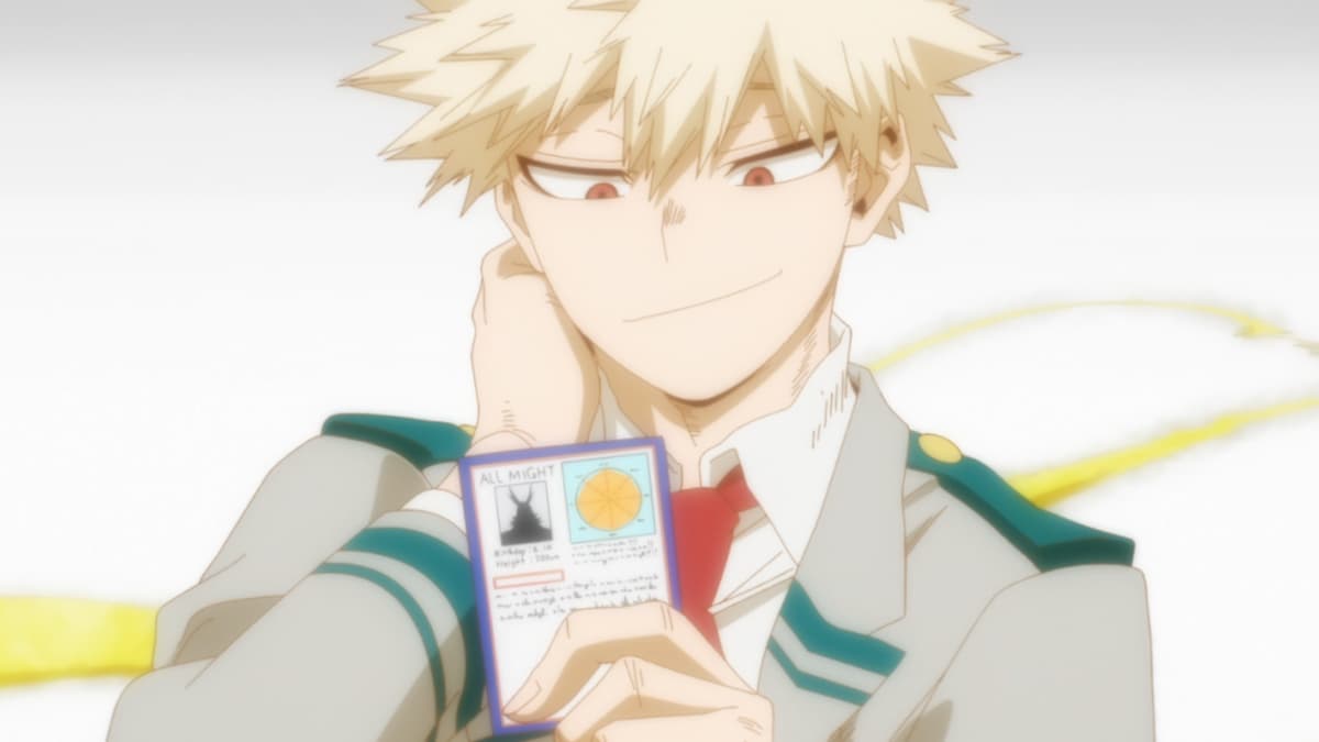 Katsuki Bakugo with his prized trading card in My Hero Academia