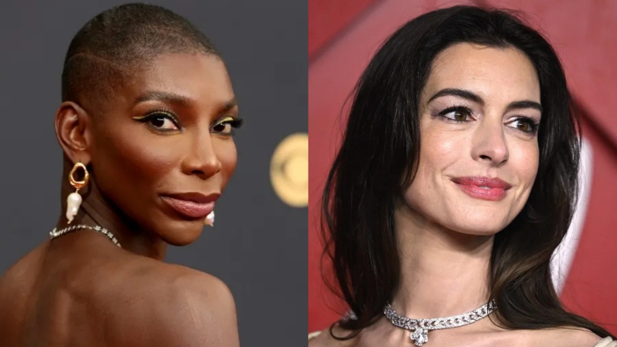 Side by side red carpet photos of Michaela Coel and Anne Hathaway