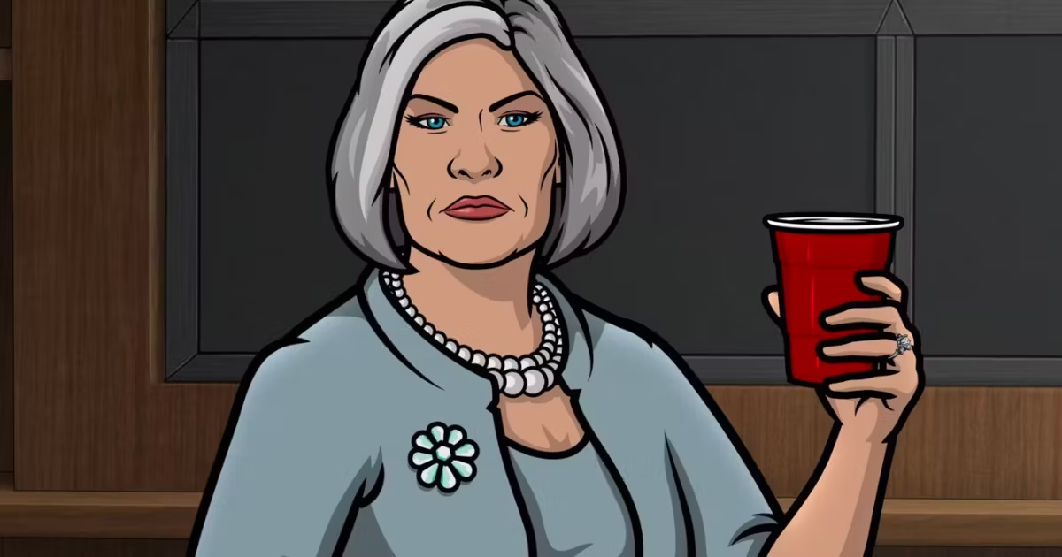 A silver haired woman holds a red solo cup in "Archer"