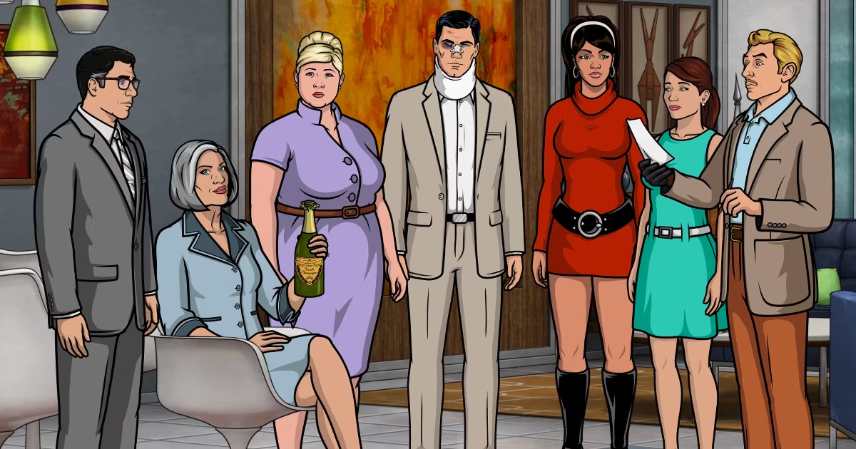 Archer in a neck brace talks to his coworkers in "Archer"  