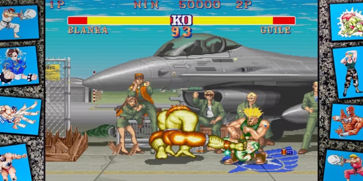 Two fighters battle in ". Street Fighter 2: The World Warriors"