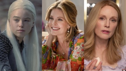 Side by side photo collage: Milly Alcock in House of the Dragon, Meghann Fahy in White Lotus, Julianne Moore in May/December