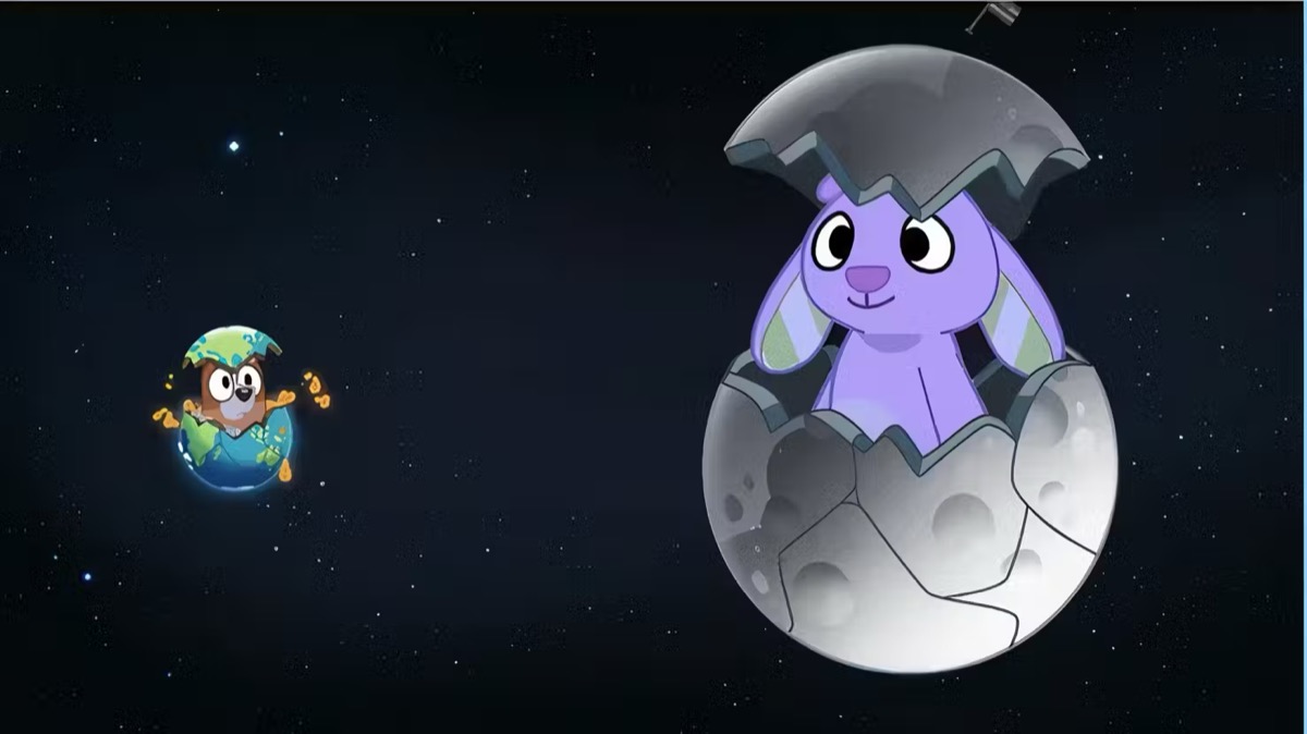 A little dog floats through space while a bunny pops out of the moon in "Bluey" 