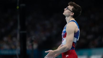 Stephen Nedoroscik of the United States prepares to perform his pommel horse routine