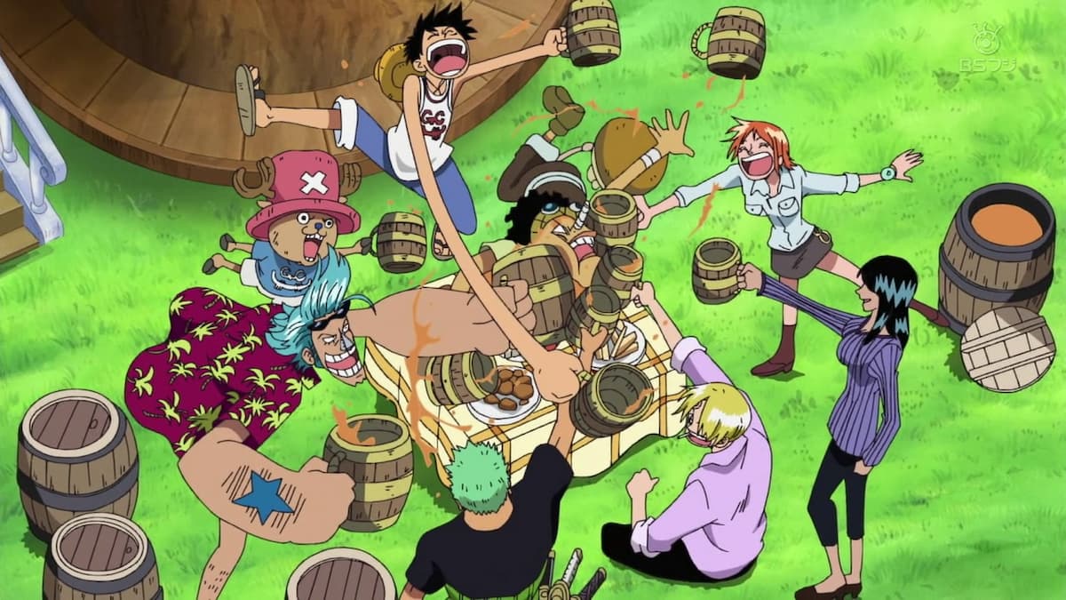 The Straw Hat Pirates having a cheers for their new crewmate Franky