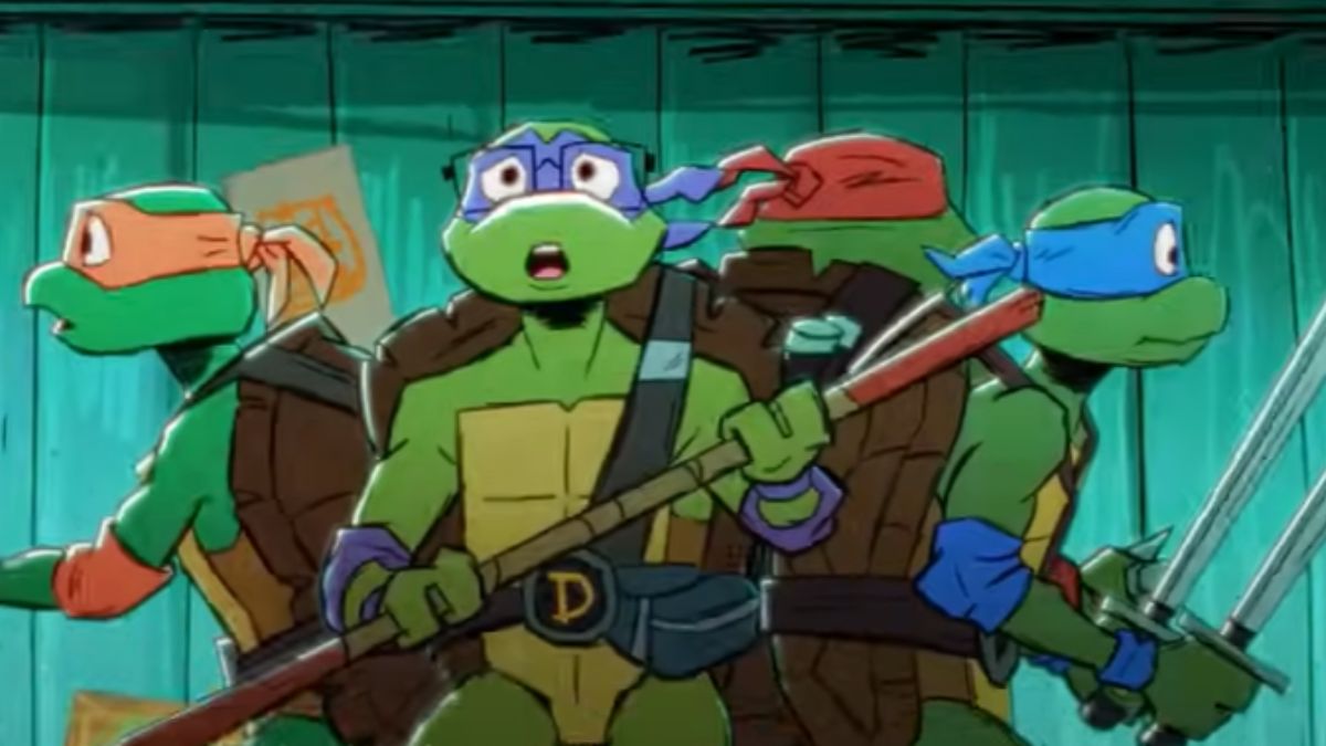 Leo, Donnie, Raph, and Mikey prepare for battle in Tales of the Teenage Mutant Ninja Turtles