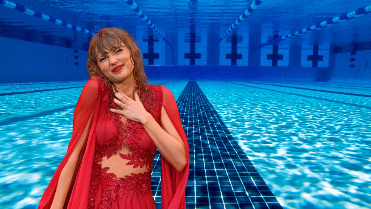 Taylor Swift smiling, imposed over a swimming pool.