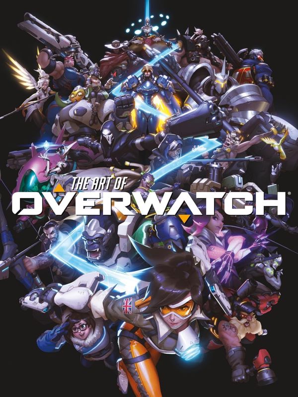 Cover of the Overwatch coffee table book. A black book with numerous characters in armour or masks and super style suits with swords cover almost all of it. Overwatch appears in white text across the middle.