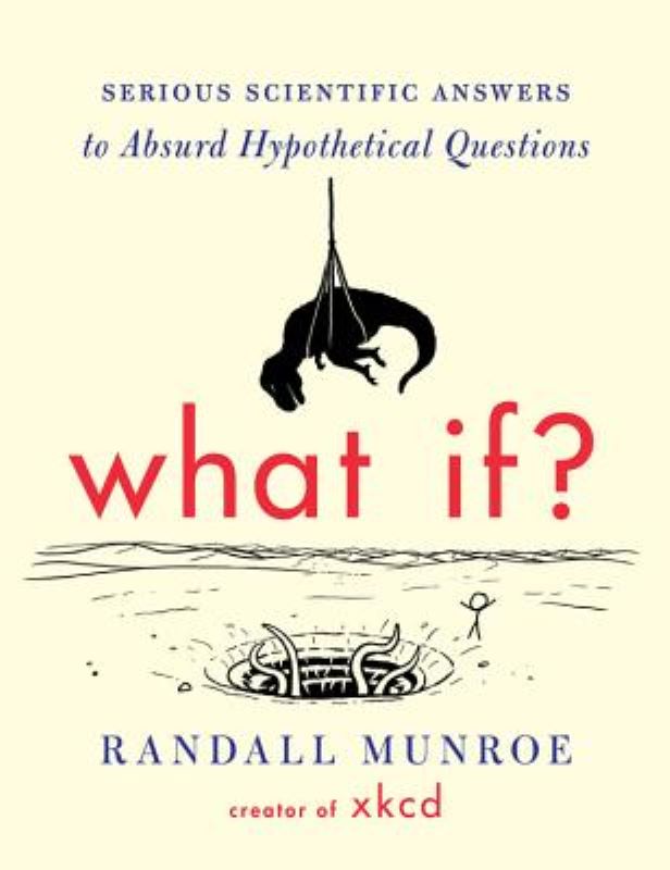 Cove of What If?: Serious Scientific Answers to Absurd Hypothetical Questions. A cream background with a silhouette of a dinosaur being lowered by ropes over a line drawing of a sarlaac pit. "What if?" appears in the middle of the page in red text.