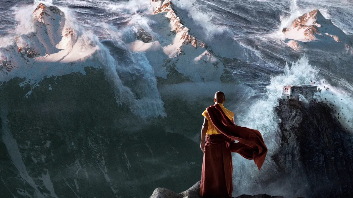 A monk stands on a mountaintop watching an earthquake  in "2012"