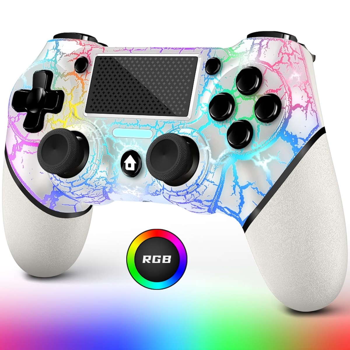 A white controller with LED light rainbow patterns