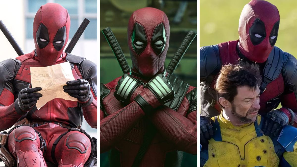 Left and centre: Ryan Reynolds as Deadpool in Deadpool 1 & 2. Right: Ryan Ryenolds as Deadpool and Hugh Jackman as Wolverine in Deadpool 3