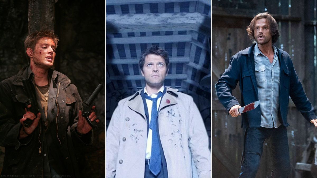 Left: Jensen Ackles as Dean Winchester. Middle: Misha Collins as Castiel. Left: Jared Padalecki as Sam Winchester in Supernatural