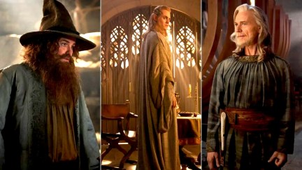 Left: Rory Kinnear as Tom Bombadil. Center: Charlie Vickers as Annatar / Sauron. Left: Ben Daniels as Cirdan in The Lord of the Rings: The Rings of Power season 2