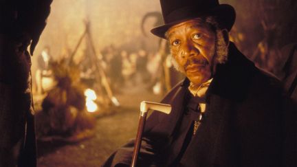 Morgan Freeman appears as a 19th century gentleman with a top hat and cane in 