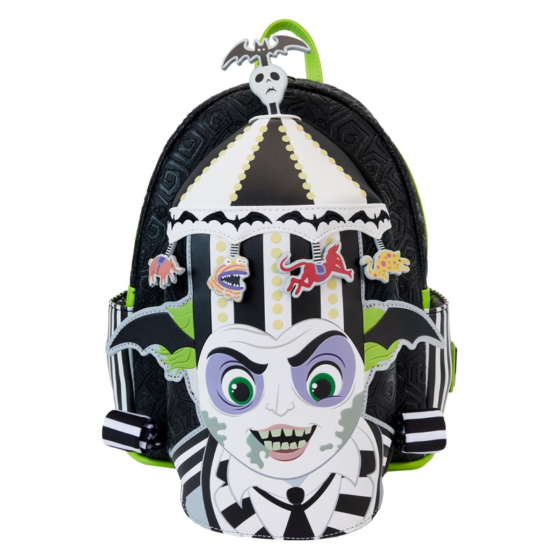 A backpack featuring Beetlejuice wearing his carousel hat. 