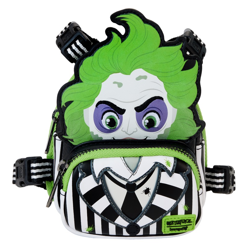 A dog backpack and harness featuring Beetlejuice in his white and black stripped suit. 