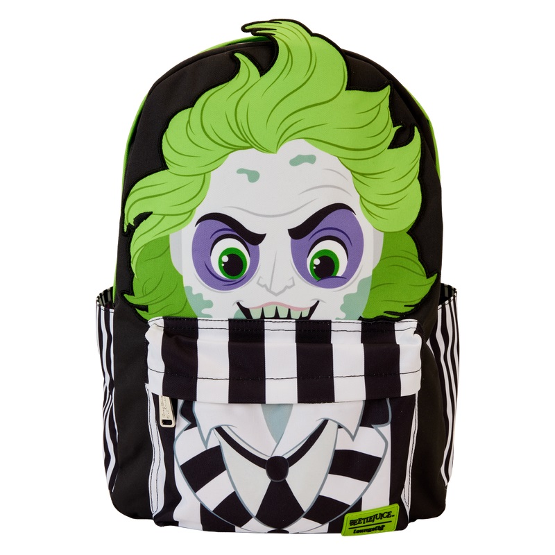 A backpack featuring Beetlejuice wearing his white and black striped suit.