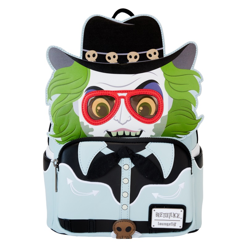 A backpack featuring Beetlejuice wearing his cowboy outfit.  