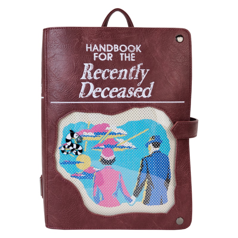 A backpack designed like Beetlejuice's Handbook for the Recently Deceased. 