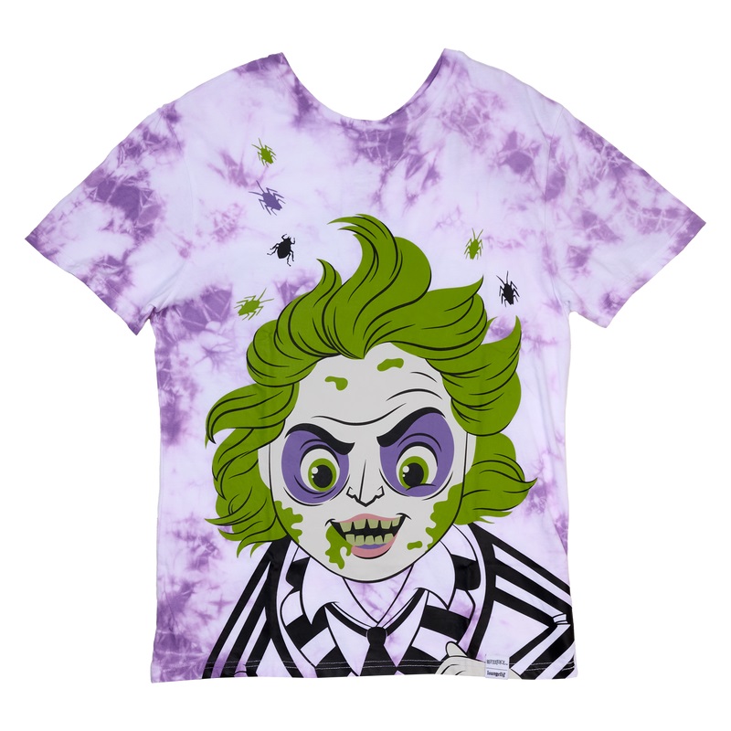 A tie-dye shirt featuring Beetlejuice on one side and Lydia Deetz on the other. 