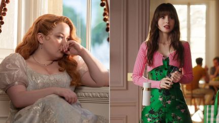 Left: Nicola Coughlan in Bridgerton season 3. Right: Lily Collins in Emily in Paris season 4