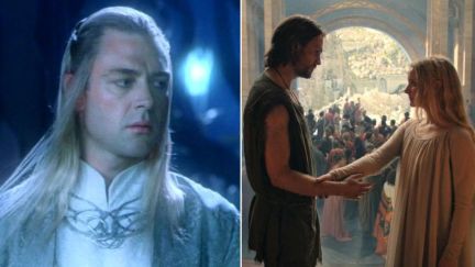 Left: Celeborn in The Lord of the Rings. Right: Halbrand and Galadriel in The Rings of Power