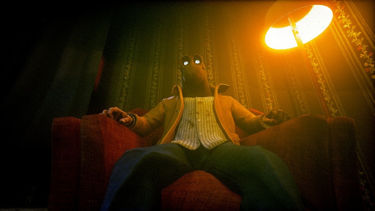 A creepy man in a mask sits in a chair in a dimly lit motel room.