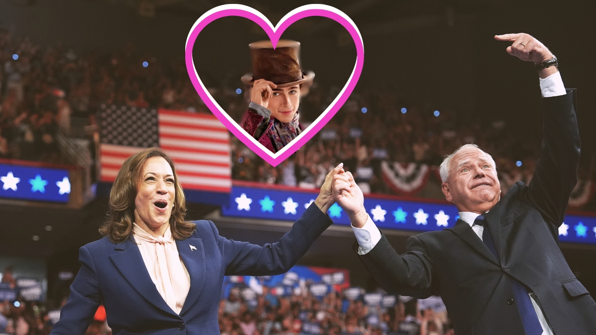 Kamala Harris and Tim Walz at a rally, with a photo of Timothee Chalamet in a heart above them.