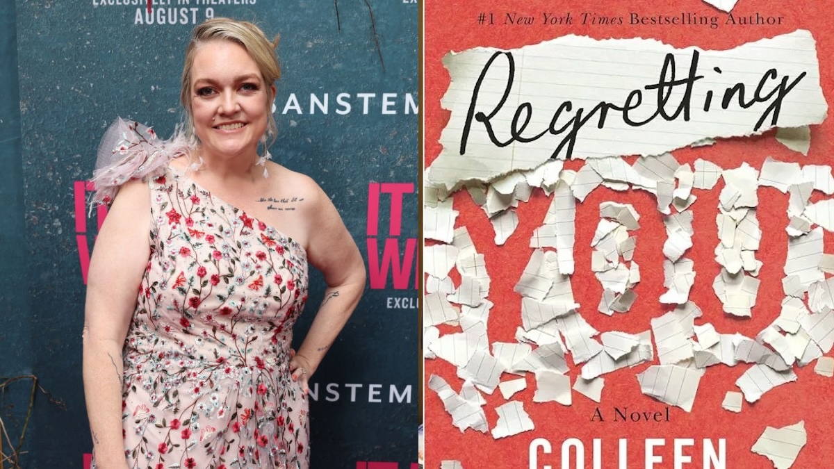 Side by side of Colleen Hoover posing for photos on the It Ends With Us red carpet and Regretting You book cover.