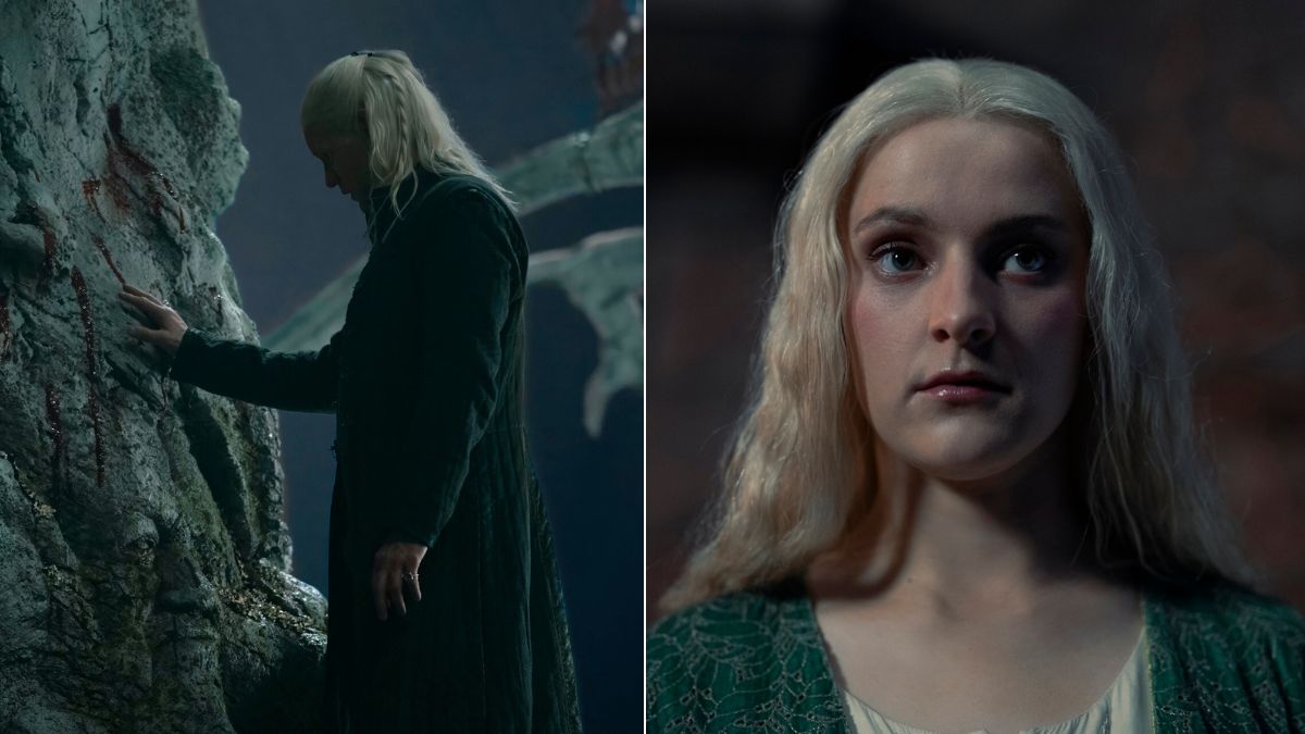 Left: Matt Smith as Daemon Targaryen touches the weirwood tree. Right: Phia Saban as Helaena Targaryen in House of The Dragon season 2 finale