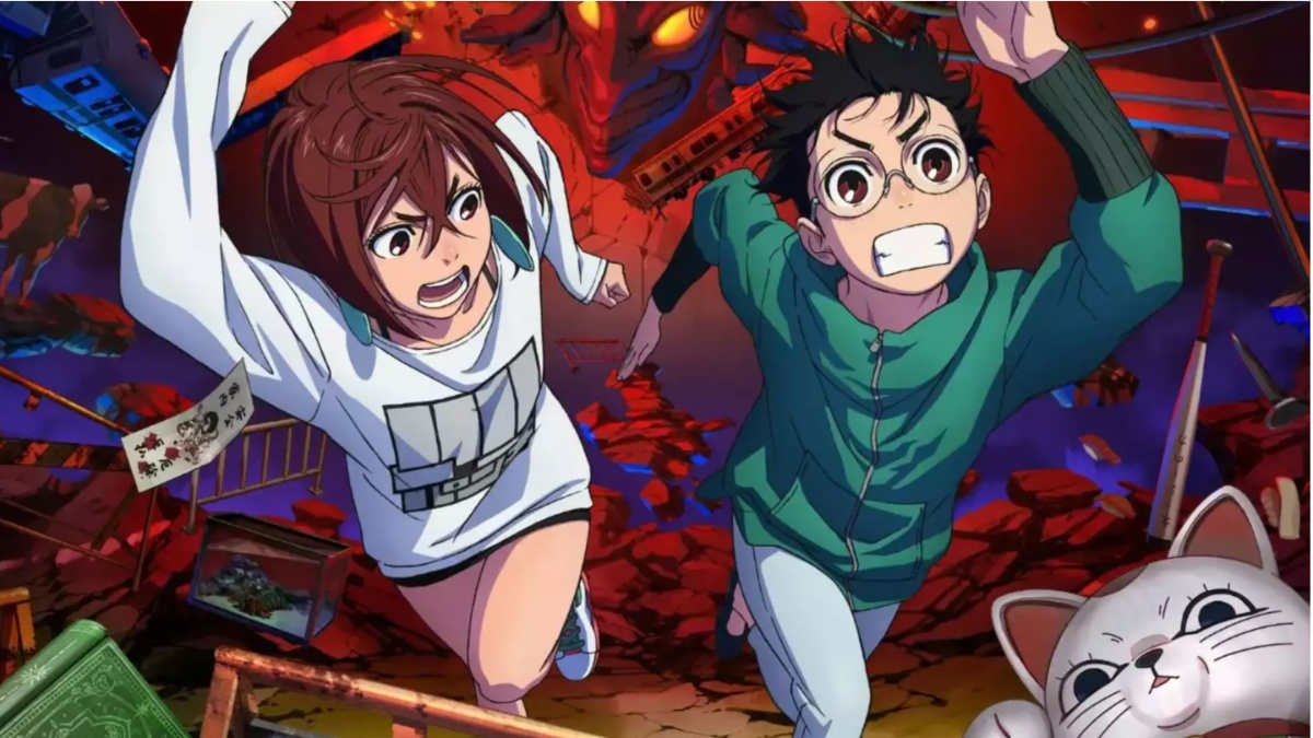 Dandadan anime promotional still, Momo and Okuran run from the paranormal