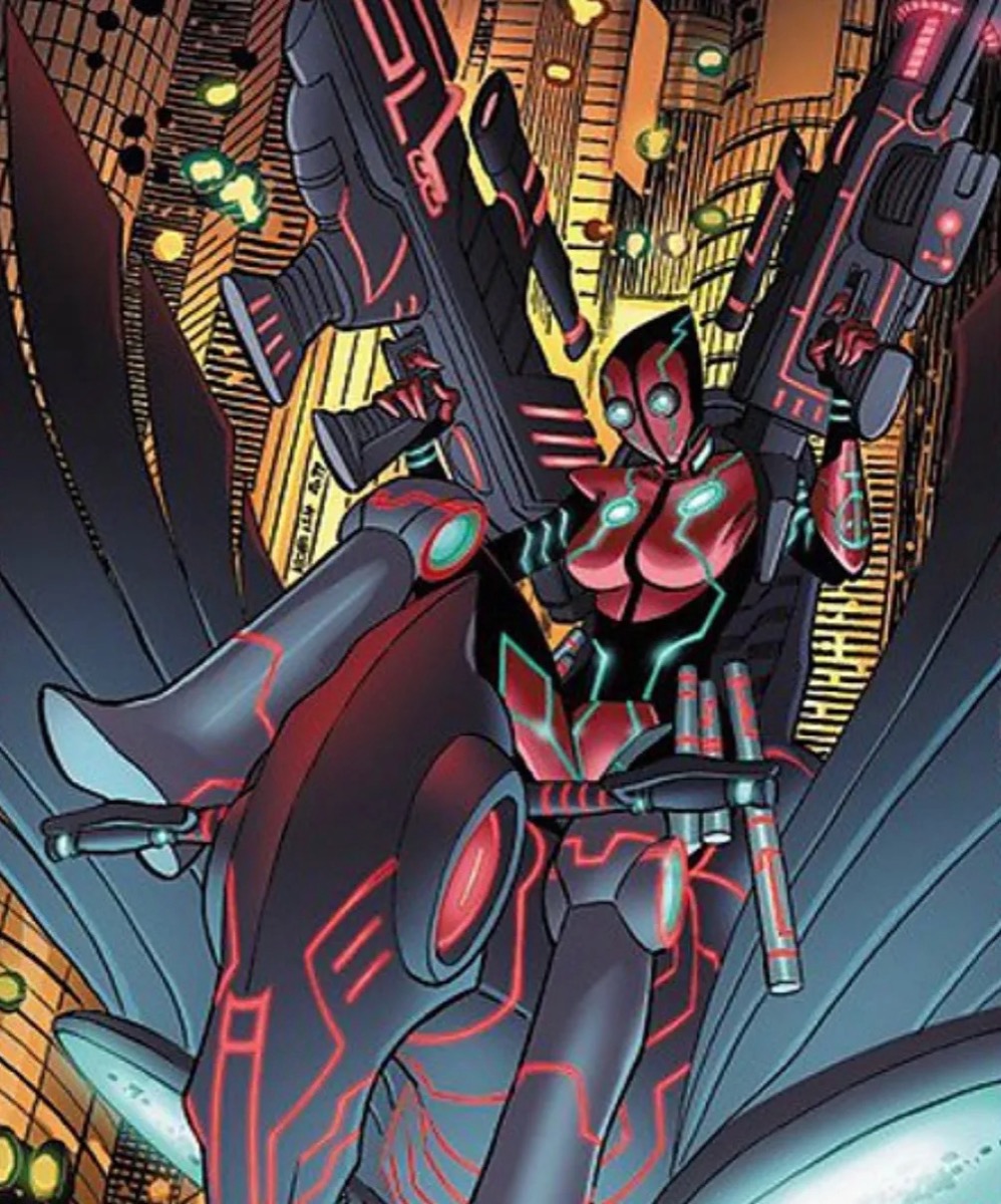 A futuristic Deadpool rides a motorcycle wielding guns