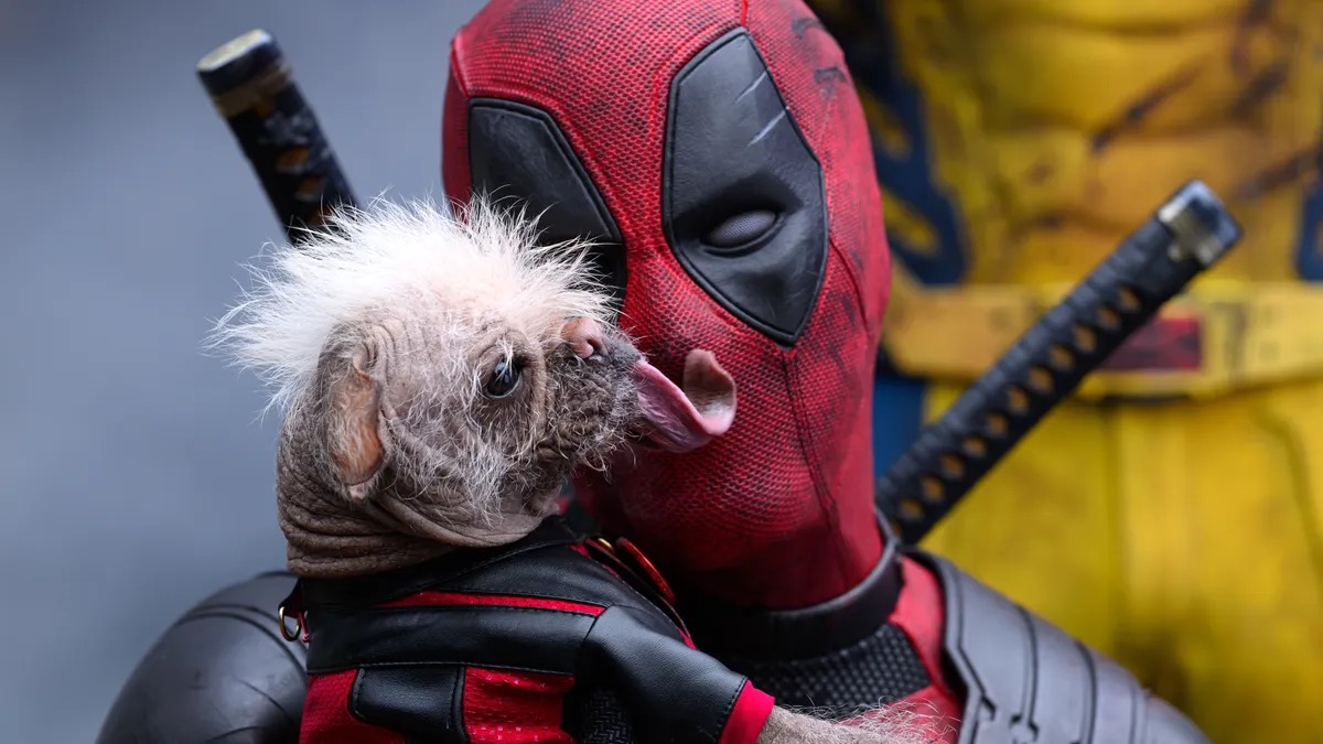 A little dog licks Deadpool's face in "Deadpool 3"