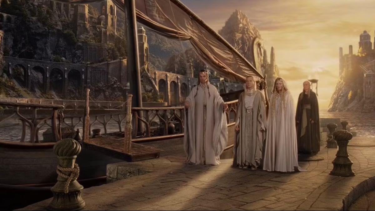 Elrond, Galadriel, Celeborn, and Cirdan wait by a ship in the Grey Havens in The Lord of The Rings: The Return of The King