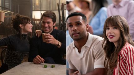 Left: Emily and Gabriel drink coffee. Right: Alfie and Emily watch a tennis game at Roland Garros in Emily in Paris season 4