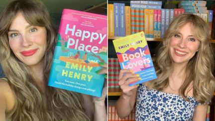 Left: Author Emily Henry posing with her novel Happy Place. Right: Emily Henry posing with her novel Book Lovers