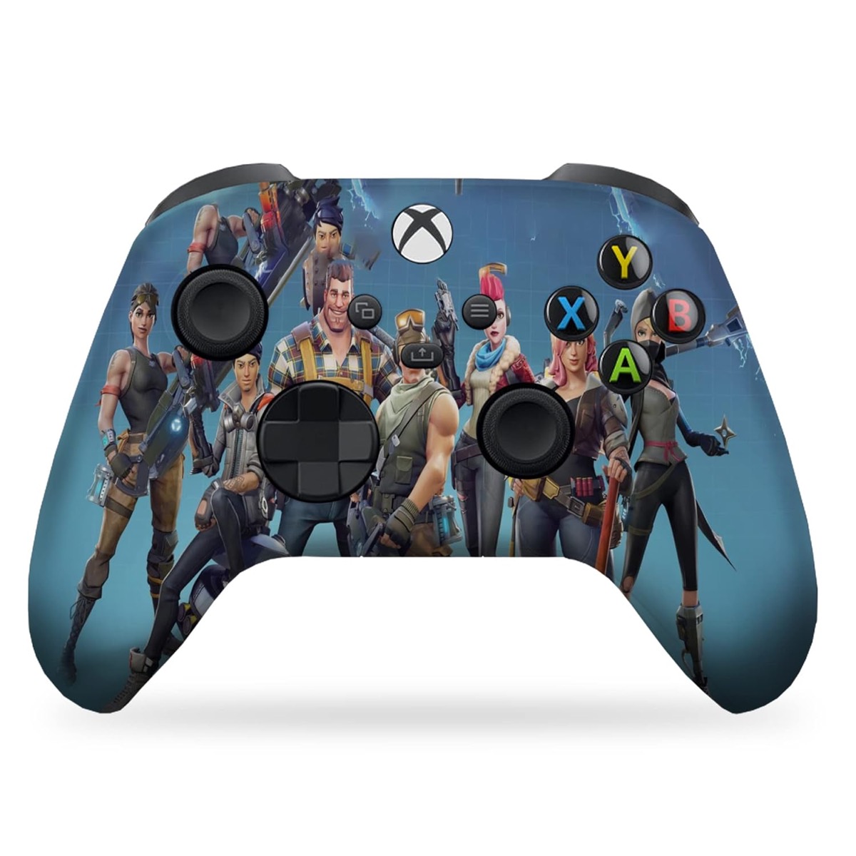 A blue videogame controller with "Fortnite" characters appearing on it