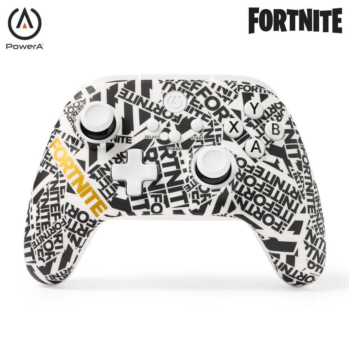 A videogame controller with Fortnite decals