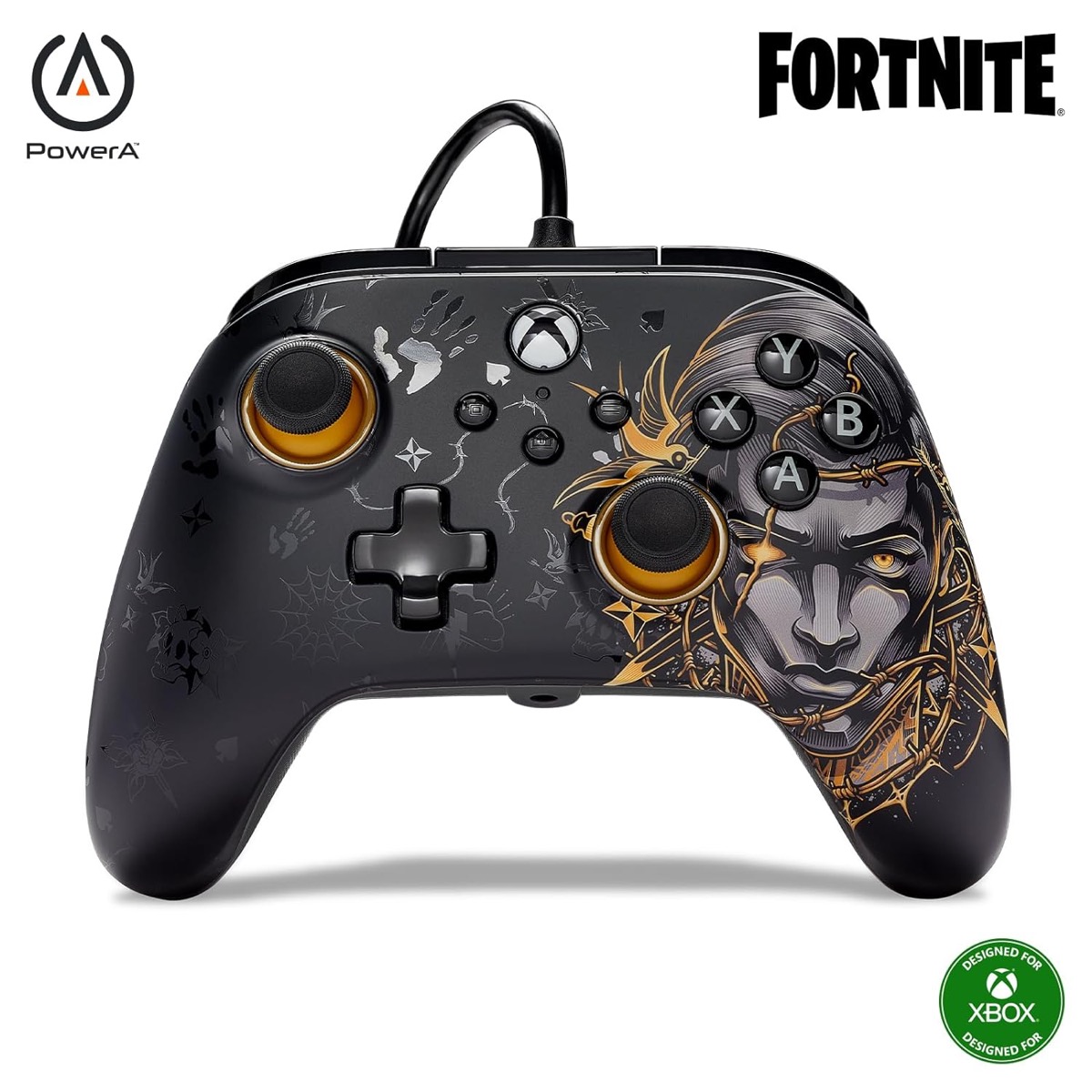 A videogame controller with a Midas design from "Fortnite"