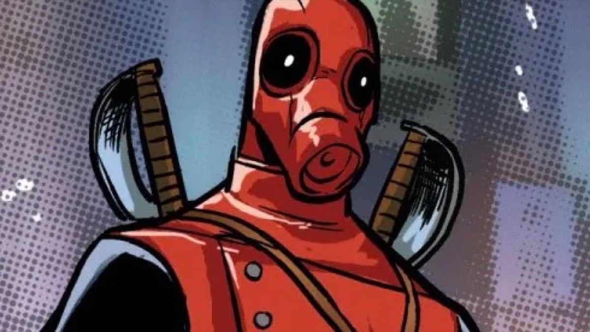 A classic Deadpool stands wearing a gas mask and cutlasses