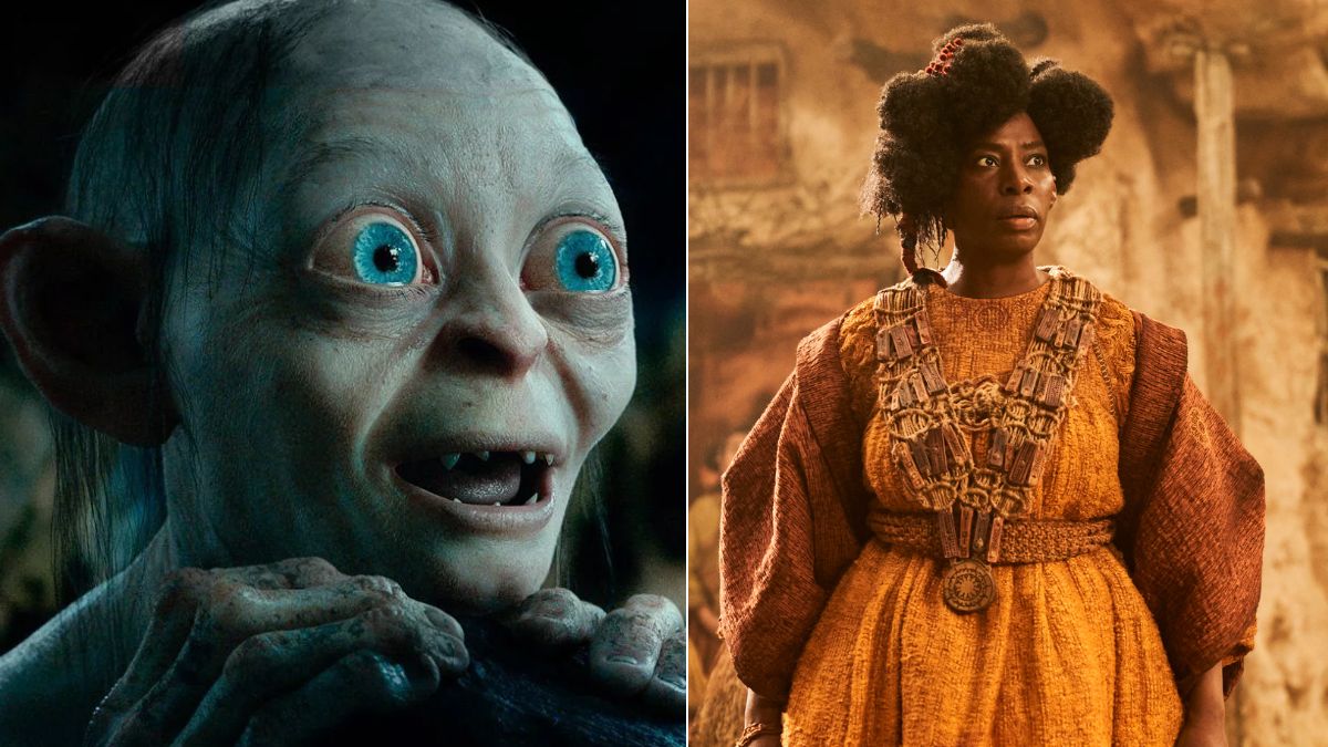 Left: Gollum. Right: Tanya Moodie as Gundabel the Stoor in The Lord of The Rings: The Rings of Power season 2